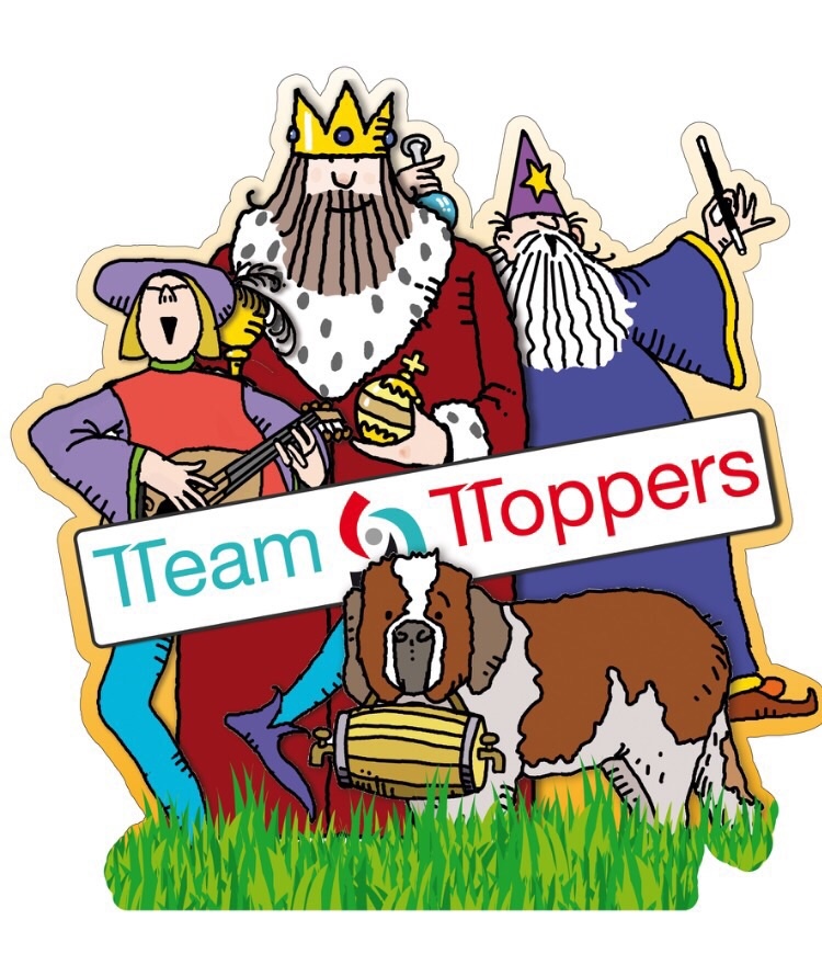De Team Toppers karakters: een koning, tovenaar, minstreel, zangeres en hond